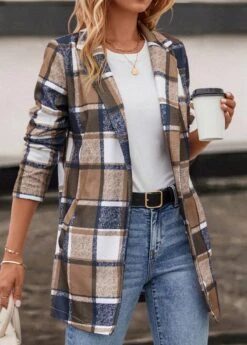 Dark Camel Pocket Plaid Long Sleeve Lapel Coat -Modlily Shop 314988 P 16848042044412