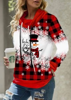 Drawstring Christmas Snowman Print Red Sweatshirt 11 Drawstring Christmas Snowman Print Red Sweatshirt -Modlily Shop 315014 P 1663639684749