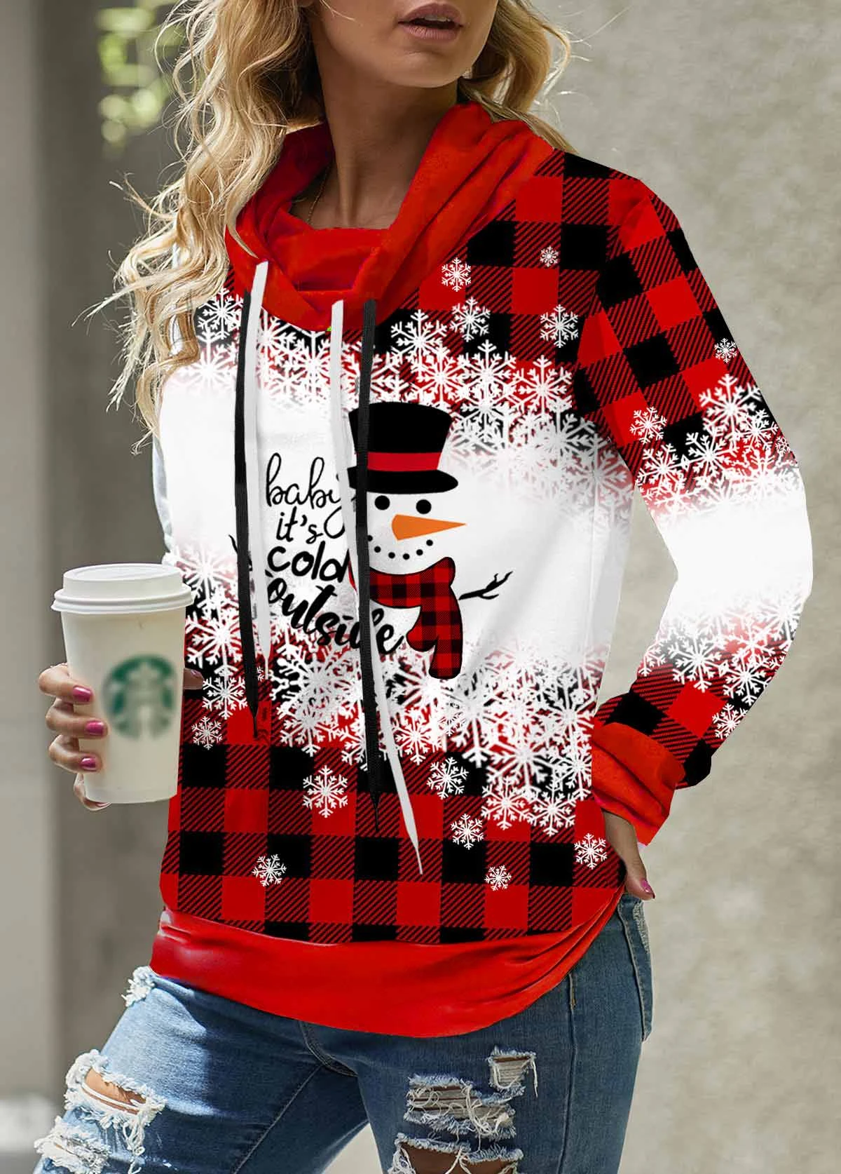 Drawstring Christmas Snowman Print Red Sweatshirt 6 Drawstring Christmas Snowman Print Red Sweatshirt - Image 4