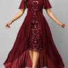 Wine Red Sequin High Low Bodycon Dress -Modlily Shop 315116 P 16636650405440