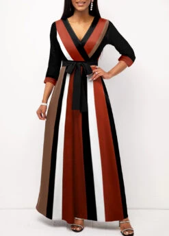 Dark Coffee Surplice Striped Belted Dress