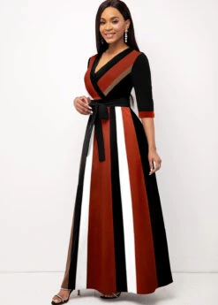 Dark Coffee Surplice Striped Belted Dress -Modlily Shop 315227 P 1663749208549