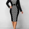 Black Patchwork Baroque Print Long Sleeve Bodycon Dress