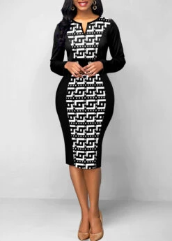Black Patchwork Baroque Print Long Sleeve Bodycon Dress -Modlily Shop 315364 P 1663830473742