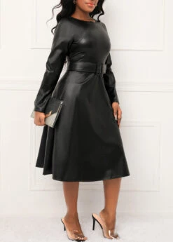 Black Faux Leather Belted Long Sleeve Dress -Modlily Shop 315369 P 16655722847495
