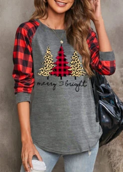 Red Christmas Tree Print Long Sleeve Sweatshirt -Modlily Shop 315384 P 1666762387632