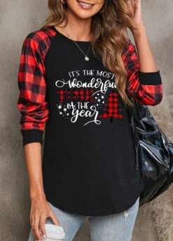 Red Christmas Print Long Sleeve Round Neck Sweatshirt -Modlily Shop 315385 P 1663837943163