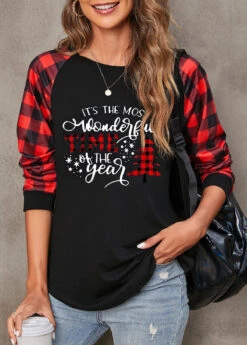 Red Christmas Print Long Sleeve Round Neck Sweatshirt -Modlily Shop 315385 P 1663837943201