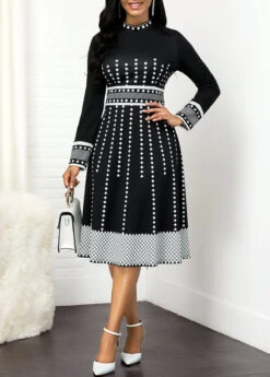 Geometric Print Mock Neck Long Sleeve Dress 10 Geometric Print Mock Neck Long Sleeve Dress -Modlily Shop 315585 P 16848043430323