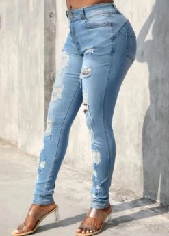 Light Blue Hole Skinny Zipper Fly Jeans -Modlily Shop 315685 P 16655722787062