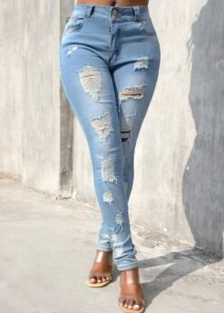 Light Blue Hole Skinny Zipper Fly Jeans -Modlily Shop 315685 P 16655722789093