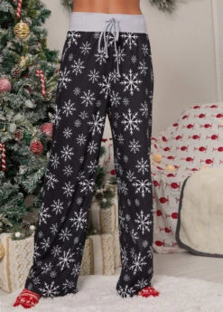 Black Drawstring Christmas Print Drawastring Pants 9 Black Drawstring Christmas Print Drawastring Pants -Modlily Shop 316084 P 1664334925992