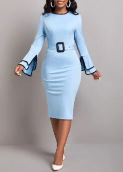 Light Blue Contrast Binding Belted Bodycon Dress
