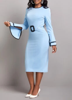 Light Blue Contrast Binding Belted Bodycon Dress -Modlily Shop 316227 P 16661833576833