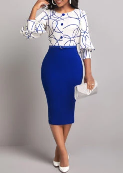 Dark Blue Graffiti Print Round Neck Bodycon Dress -Modlily Shop 317202 P 16684811624684