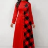 Red Patchwork Plaid Long Sleeve Maxi Dress