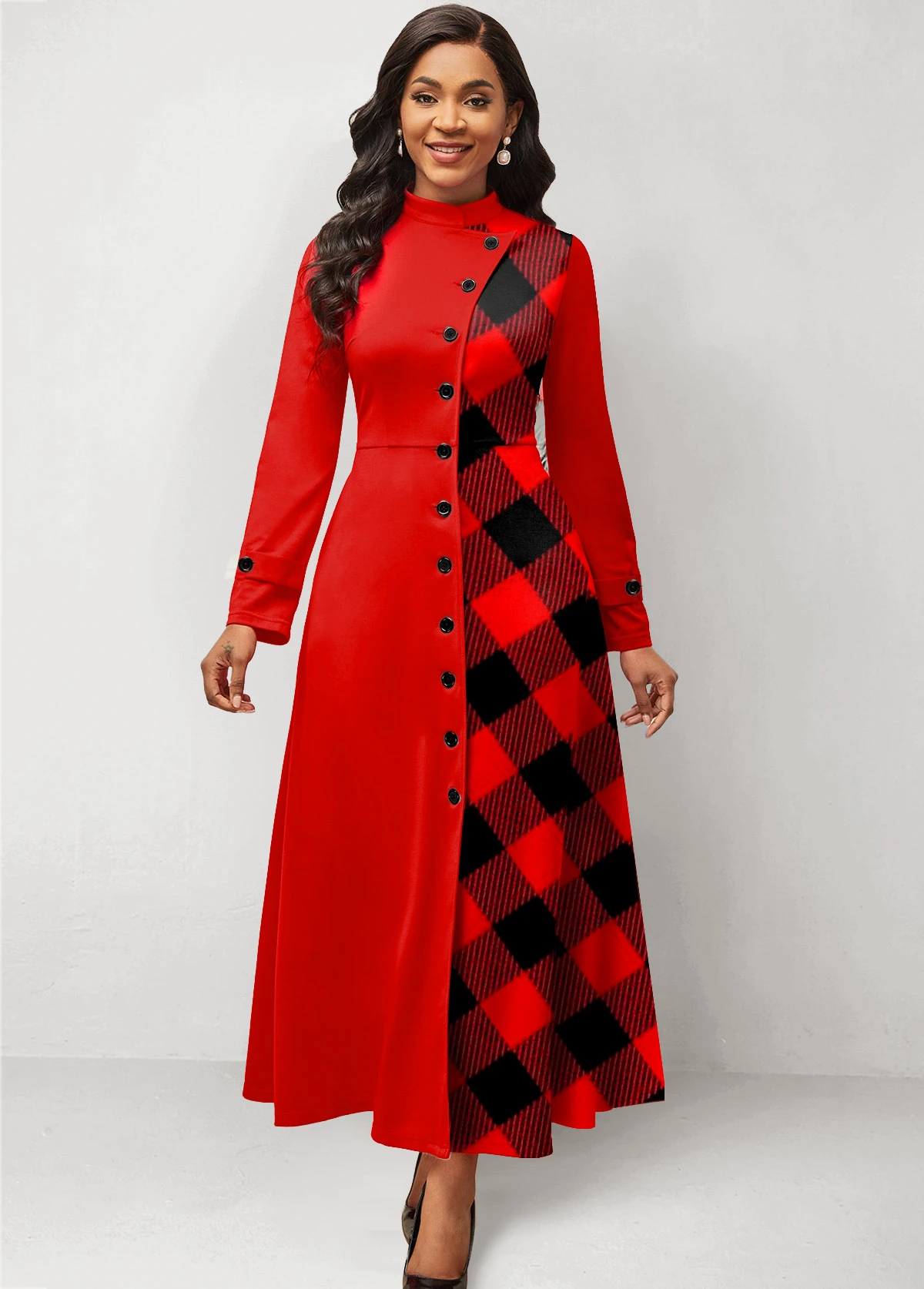 Red Patchwork Plaid Long Sleeve Maxi Dress 3 Red Patchwork Plaid Long Sleeve Maxi Dress
