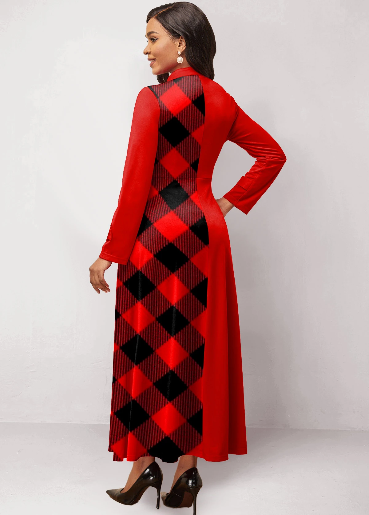 Red Patchwork Plaid Long Sleeve Maxi Dress 4 Red Patchwork Plaid Long Sleeve Maxi Dress - Image 2