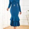Peacock Blue Belted Long Sleeve Mermaid Dress -Modlily Shop 317483 P 16734878604820