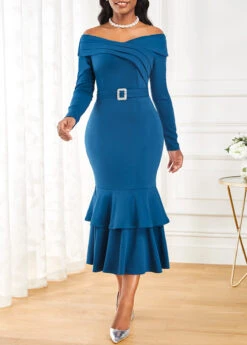 Peacock Blue Belted Long Sleeve Mermaid Dress