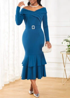 Peacock Blue Belted Long Sleeve Mermaid Dress -Modlily Shop 317483 P 16734878605814