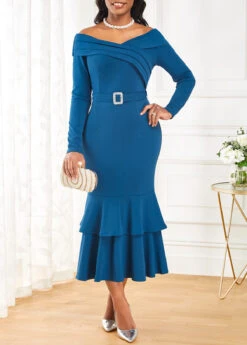 Peacock Blue Belted Long Sleeve Mermaid Dress -Modlily Shop 317483 P 16734878605973