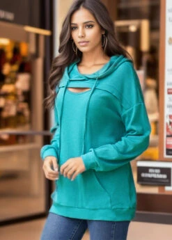 Cyan Lace Up Long Sleeve Hoodie -Modlily Shop 317492 P 16947454622275