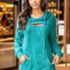 Cyan Lace Up Long Sleeve Hoodie