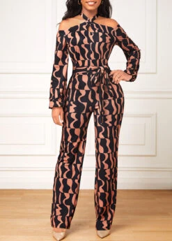 Dark Coffee Cut Out Geometric Print Belted Jumpsuit -Modlily Shop 317614 P 16696337262883