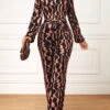 Dark Coffee Cut Out Geometric Print Belted Jumpsuit -Modlily Shop 317614 P 16696337265410