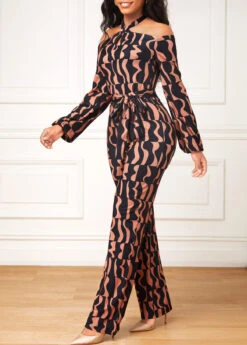 Dark Coffee Cut Out Geometric Print Belted Jumpsuit -Modlily Shop 317614 P 16696337265552