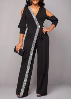 Black Metal Ring Cold Shoulder Jumpsuit