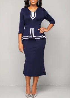 V Neck Navy Striped Bodycon Dress -Modlily Shop 317649 P 16690286852844