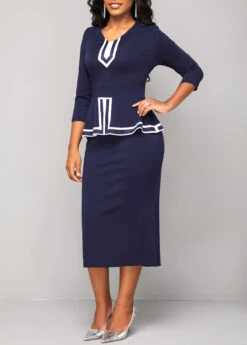 V Neck Navy Striped Bodycon Dress -Modlily Shop 317649 P 16690286853163