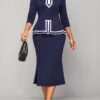 V Neck Navy Striped Bodycon Dress -Modlily Shop 317649 P 16690286856400