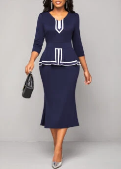 V Neck Navy Striped Bodycon Dress