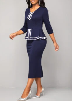 V Neck Navy Striped Bodycon Dress -Modlily Shop 317649 P 16690286859232