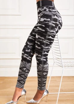 Grey Camouflage Print High Waisted Ankle Length Leggings -Modlily Shop 318079 P 16672867002664