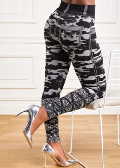Grey Camouflage Print High Waisted Ankle Length Leggings -Modlily Shop 318079 P 16672867005165