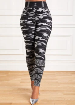 Grey Camouflage Print High Waisted Ankle Length Leggings -Modlily Shop 318079 P 16672867006703