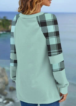 Mint Green Tartan Print Long Sleeve Sweatshirt -Modlily Shop 318110 P 1666592344327