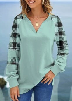 Mint Green Tartan Print Long Sleeve Sweatshirt -Modlily Shop 318110 P 1666592344440