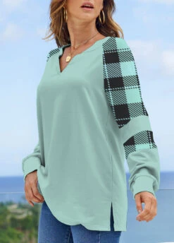 Mint Green Tartan Print Long Sleeve Sweatshirt -Modlily Shop 318110 P 1666592344850