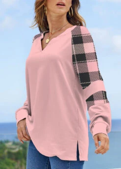 Light Pink Tartan Print Long Sleeve Sweatshirt -Modlily Shop 318111 P 1666592357394