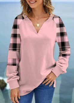 Light Pink Tartan Print Long Sleeve Sweatshirt -Modlily Shop 318111 P 1666592357617