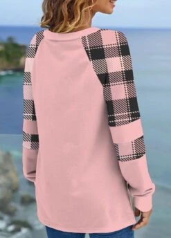 Light Pink Tartan Print Long Sleeve Sweatshirt -Modlily Shop 318111 P 1666592357863