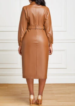 Light Coffee Faux Leather Belted Snap Button Dress -Modlily Shop 318336 P 16672122221471