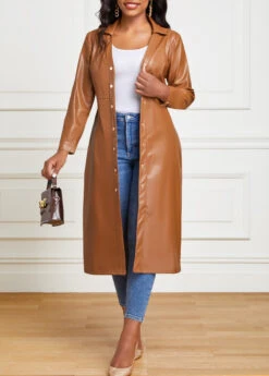 Light Coffee Faux Leather Belted Snap Button Dress -Modlily Shop 318336 P 16672122225663