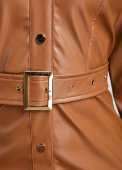 Light Coffee Faux Leather Belted Snap Button Dress -Modlily Shop 318336 P 16672122226075
