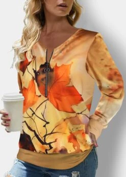Ginger Zipper Leaf Print Long Sleeve Sweatshirt